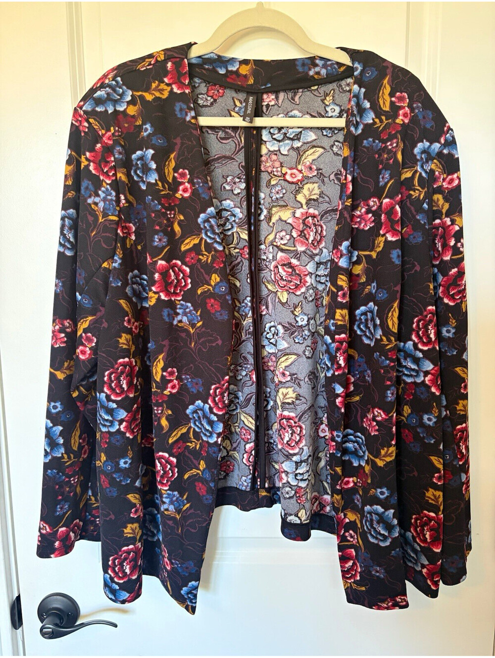 MASSINI Women’s Plus 3X Black Floral Open Front Lightweight Kimono Long Sleeve